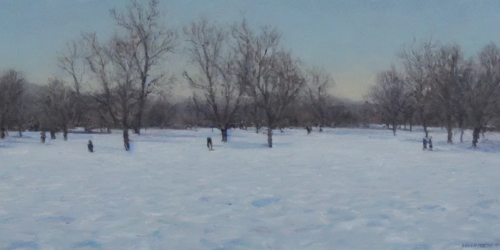 Image similar to a big circus in the snow ground, distant view ， oil painting