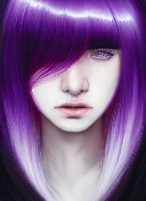 Image similar to hair whitebangs hair, black hair, whitebangs, portrait of teenage girl with white bangs, red irises, purple clothes, white bangs, bangs are different color from hair, intricate, elegant, glowing lights, highly detailed, digital painting, artstation, concept art, smooth, sharp focus, illustration, art by wlop, mars ravelo and greg rutkowski