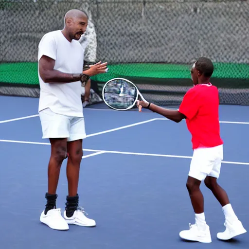 Image similar to kanye west playing tennis against a clone of himself