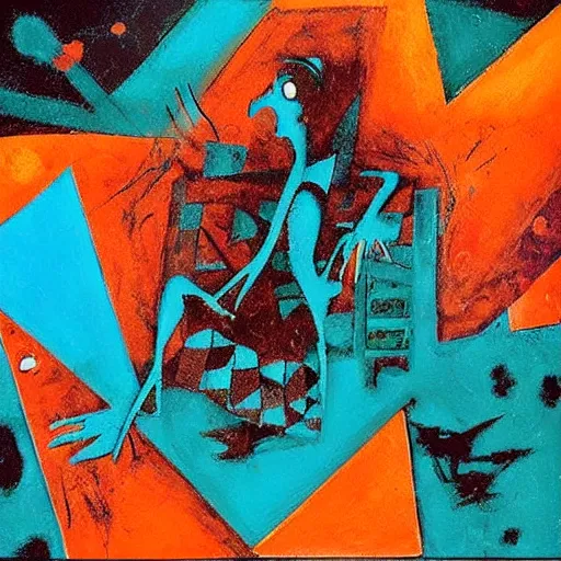 Image similar to “Coraline movie ‘other mother’ art noir, art deco, horror tones, 1950’s, solid coloured shapes, geometric, only form, no details, artists: Jackson Pollock teal palette, ”