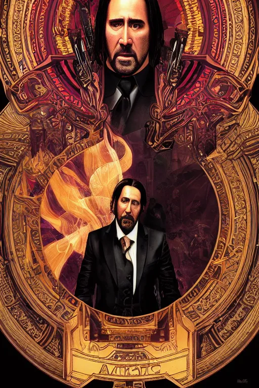 Prompt: a dramatic ethereal epic painting of nicolas cage as john wick | tarot card, art deco, art nouveau, realistic | deatiled face, dramatic lighting | by Dresden Codak, by Mark Maggiori and Alphonse Mucha | trending on artstation