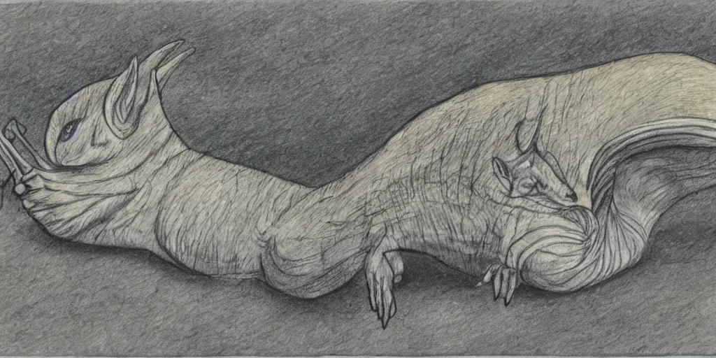 Prompt: found in snails with a sunrise and road landscape with lynxes and teeth in pen drawing style and pencil color