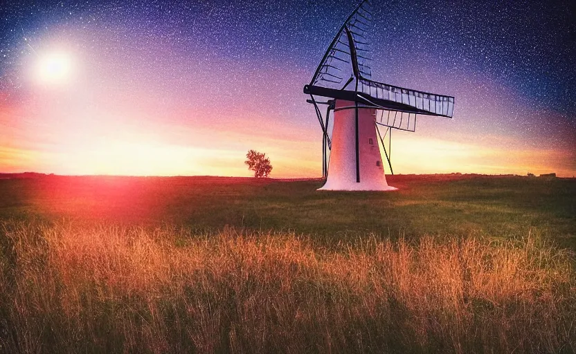 Image similar to “ sunset windmill with meteor shower in the background, cinematic, award winning ”