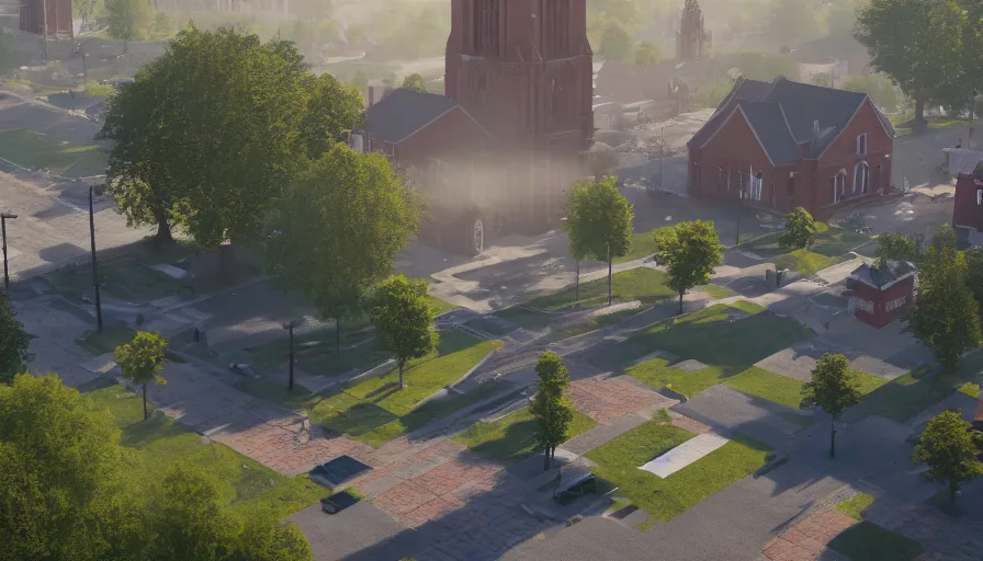 Image similar to small midwest town, square, trees, church, sunny day, volumetric light, realistic, hyperdetailed, artstation, cgsociety, 8 k