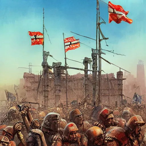 Prompt: (Age of Empires III), colony with checkered flags, rust and brutalist buildings . Propaganda poster, intricate, elegant, highly detailed, digital painting, artstation, concept art, matte, sharp focus, illustration, art by Enki Bilal and Moebius]