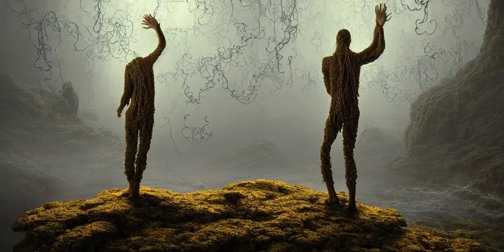 Image similar to Photorealistic intricate detailed picture of a levitating floating man made out of fungus tendrils, with arms outstretched. a gentle rising mist, an epic rocky landscape. occult photorealism, UHD, amazing depth, glowing, golden ratio, 3D octane cycle unreal engine 5, volumetric lighting, cinematic lighting, cgstation artstation concept art