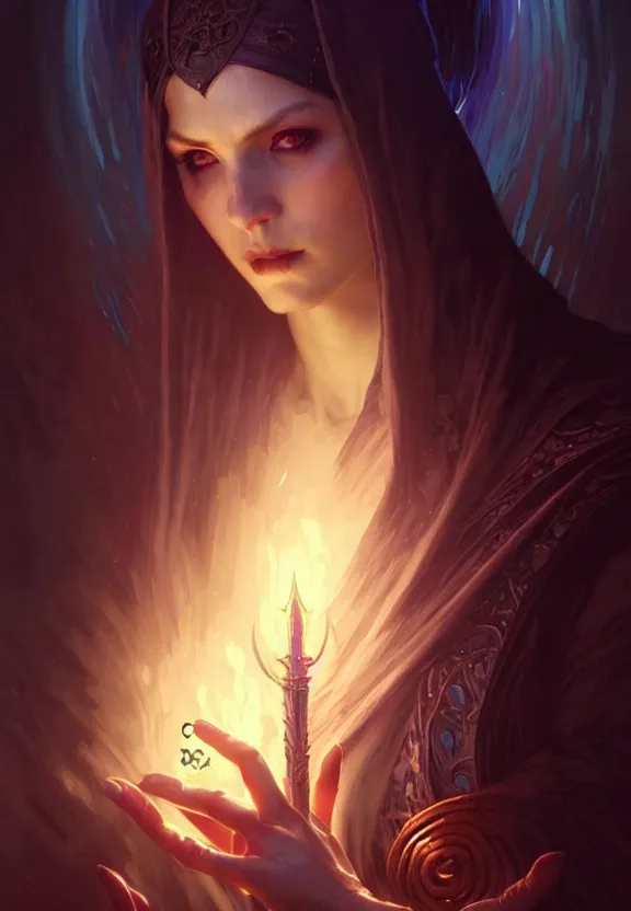 Image similar to Necromancer Sorceress in center, fantasy magic, undercut hairstyle, dark light night, intricate, elegant, sharp focus, illustration, highly detailed, digital painting, concept art, matte, art by WLOP and Artgerm and Greg Rutkowski and Alphonse Mucha, masterpiece