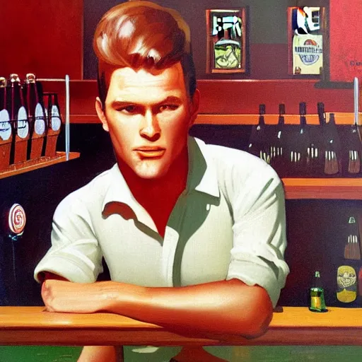 Prompt: A pint of beer sitting on a bar as painted by Dean Ellis