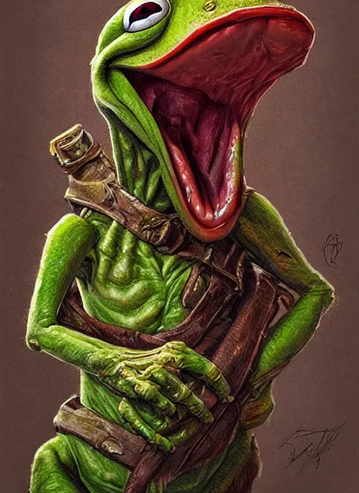 Prompt: portrait of Kermit the frog from Evil Dead (2013), intricate, highly detailed, centered, digital painting, artstation, concept art, smooth, sharp focus, illustration, artgerm, donato giancola, Joseph Christian Leyendecker, WLOP, Artgerm