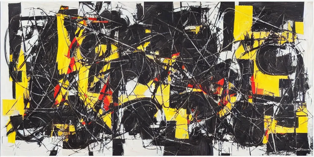 Image similar to “ a geometric mixed media painting, collaboration with pierre soulages and jackson pollock in which the paint strokes express a symphonic poem, ultra detailed, elaborate, 2 d with 3 d feel, unique textures, pattern, orchestra, music wave patterns embedded in the paint, triadic colors, hazy noisy tones ”