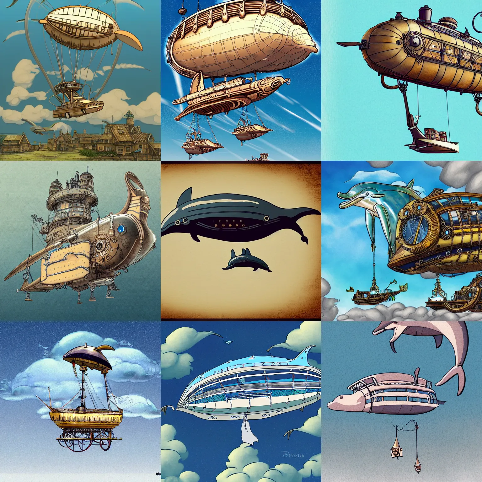 Prompt: a detailed illustration of a dolphin-shaped steampunk airship in the style of Ghibli