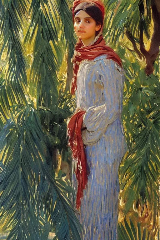 Prompt: a bakhtiari girl with golden detailed scarf set on a detailed persian carpet, tree palms in background, painting by john singer sargent