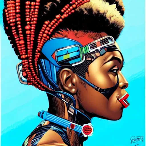 Prompt: a profile photo of a african woman with a diving oxygen mask with side profile blood in ocean intricate details by MARVEL comics and Sandra Chevrier-C