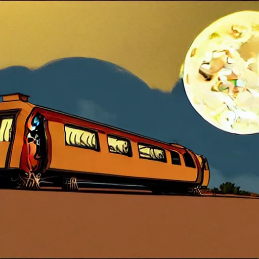 Image similar to a study of cell shaded cartoon limousine train from howl's moving castle ( 2 0 0 4 ) on a desert road, in front of a big moon, full body, wide shot, very muted colors, post grunge, studio ghibli, laurie greasley, highly detailed, deviantart, art by artgem