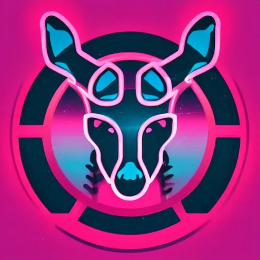 Prompt: logo for corporation that involves deer head, symmetrical, retro pink synthwave style, retro sci fi, neon