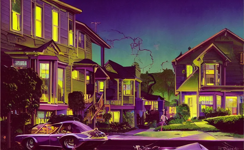 Image similar to a suburban neighborhood with deep green and purple glowing clouds. highly detailed science fiction painting by norman rockwell, frank frazetta, and syd mead. rich colors, high contrast, gloomy atmosphere, dark background. trending on artstation.