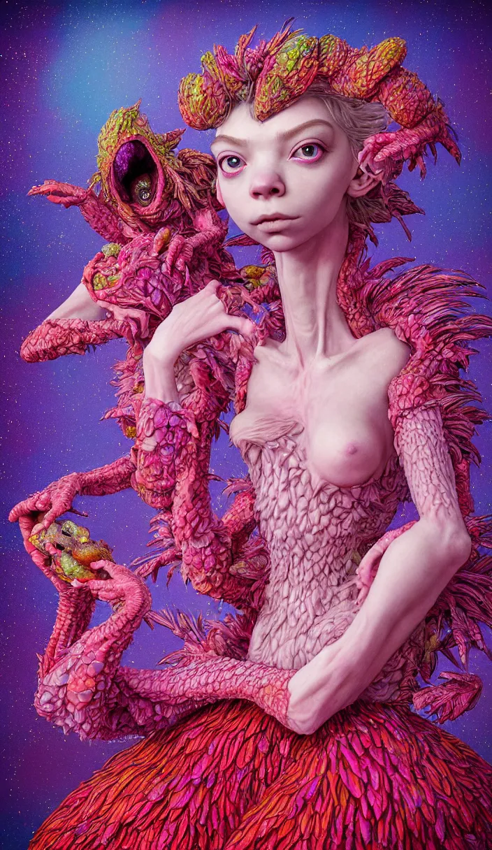 Image similar to hyper detailed 3d render like a Oil painting - kawaii portrait Aurora (a beautiful skeksis muppet fae queen from dark crystal that looks like Anya Taylor-Joy) seen red carpet photoshoot in UVIVF posing in scaly dress to Eat of the Strangling network of yellowcake aerochrome and milky Fruit and His delicate Hands hold of gossamer polyp blossoms bring iridescent fungal flowers whose spores black the foolish stars by Jacek Yerka, Ilya Kuvshinov, Mariusz Lewandowski, Houdini algorithmic generative render, Abstract brush strokes, Masterpiece, Edward Hopper and James Gilleard, Zdzislaw Beksinski, Mark Ryden, Wolfgang Lettl, hints of Yayoi Kasuma, octane render, 8k