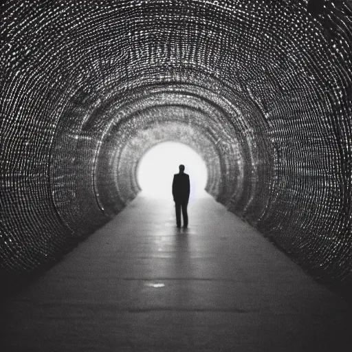 Prompt: kodak portra 1 6 0 photograph of a skinny guy standing in tunnel of light, flower crown, back view, moody lighting, moody vibe, telephoto, 9 0 s vibe, blurry background, tranquil, calm, faded!,