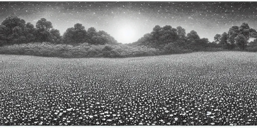 Image similar to A serene flower field at night by Kentaro Miura, highly detailed, black and white