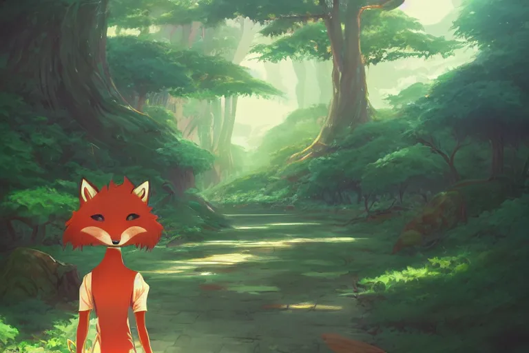 Prompt: an anthropomorphic fox traveler walks along an endless path amongst a towering forest, anime key visual, lois van baarle, ilya kuvshinov, rossdraws, artstation, furaffinity