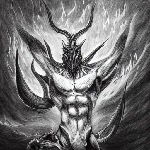 Image similar to full body grayscale drawing by Anato Finnstark of muscled horned humanoid beast, swirling flames