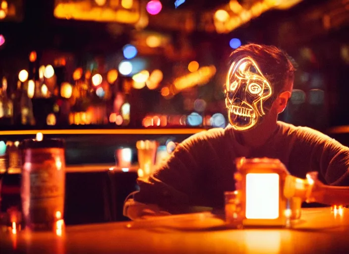 Image similar to a 2 8 mm macro kodachrome photo of a sad metallic cyborg with glowing lights getting drunk alone at a bar in the 1 9 5 0's, seen from a distance, bokeh, canon 5 0 mm, cinematic lighting, film, photography, golden hour, depth of field, award - winning