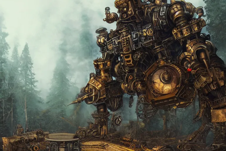 Image similar to steampunk colossal mech fortress travels across a swedish forest very low angle photograph trending on artstation