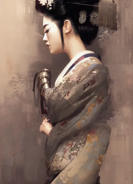 Image similar to female geisha girl, beautiful face, rule of thirds, intricate outfit, spotlight, by greg rutkowski, by jeremy mann