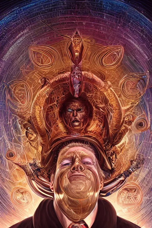 Prompt: cinematic portrait of an Trump god emperor. Centered, uncut, unzoom, symmetry. charachter illustration. Dmt entity manifestation. Surreal render, ultra realistic, zenith view. Made by hakan hisim feat cameron gray and alex grey. Polished. Inspired by patricio clarey, heidi taillefer scifi painter glenn brown. Slightly Decorated with Sacred geometry and fractals. Extremely ornated. artstation, cgsociety, unreal engine, ray tracing, detailed illustration, hd, 4k, digital art, overdetailed art. Intricate omnious visionary concept art, shamanic arts ayahuasca trip illustration. Extremely psychedelic. Dslr, tiltshift, dof. 64megapixel. complementing colors. Remixed by lyzergium.art feat binx.ly and machine.delusions. zerg aesthetics. Trending on artstation, deviantart