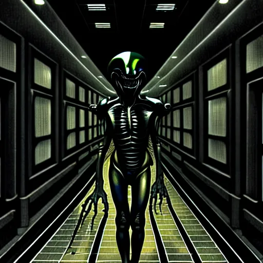 Image similar to black glossy xenomorph, alien movie, endless empty office building, pale yellow wallpaper, moist brown carpet, dim fluorescent lighting, artstation, ultra detailed, creepy, dramatic lighting, photorealistic, art by h. r. giger and chris fss