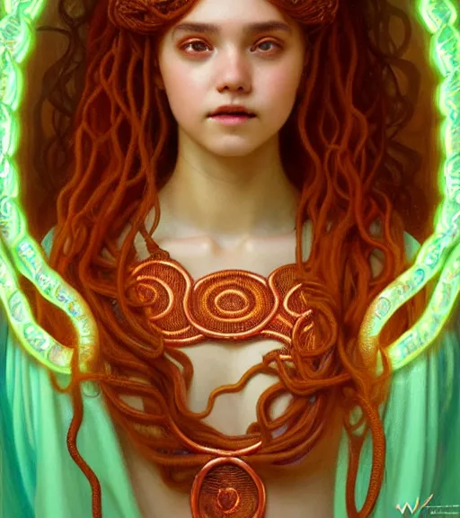 Image similar to portrait of teenage medusa, snake hair, naughty smile, wearing an embroidered orange tunic, intricate, sensual, sultry, elegant, copper and emerald jewelry, glowing lights, seductive, highly detailed, digital painting, artstation, concept art, smooth, sharp focus, illustration, art by wlop, mucha, artgerm, and greg rutkowski