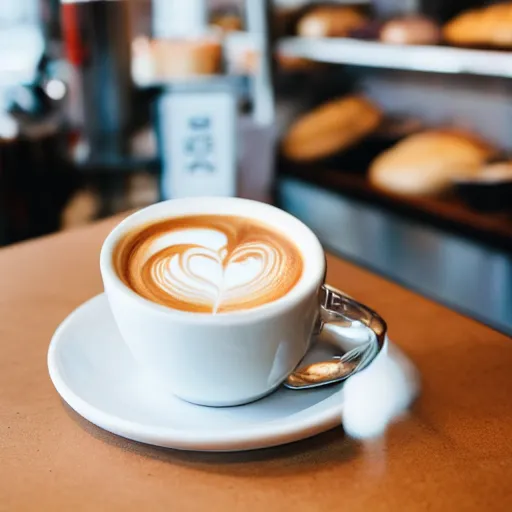 Prompt: a cup of latte in a mug imitating a toilet, fresh bakeries in the background, in a bright cafe, 3 5 mm, f 1. 8