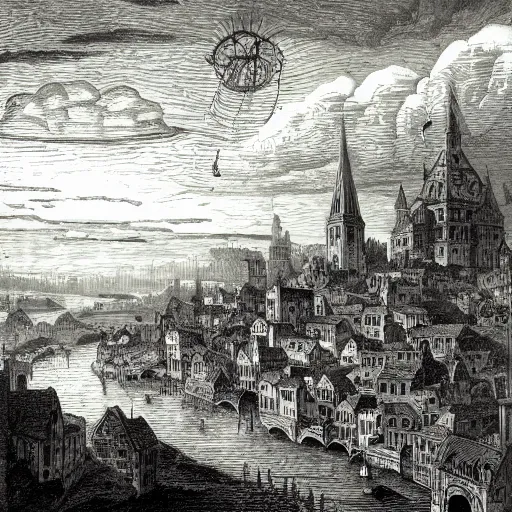 Image similar to medieval town floating in the sky, gustave dore engraving