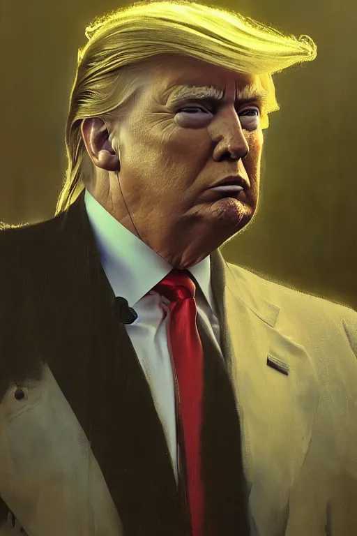 Image similar to hyperrealist portrait of donald trump, it is decorated with wires and monitors. by jeremy mann and alphonse mucha, fantasy art, photo realistic, dynamic lighting, artstation, poster, volumetric lighting, very detailed faces, 4 k, award winning