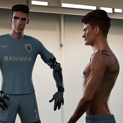 Image similar to a realistic detailed photo of a guy who is an attractive humanoid who is half robot and half humanoid, who is a male android, attractive and handsome soccer players, shiny skin, posing like a statue, blank stare, in a factory, on display, showing off his muscles, wearing soccer shorts, side view, looking at each other mindlessly