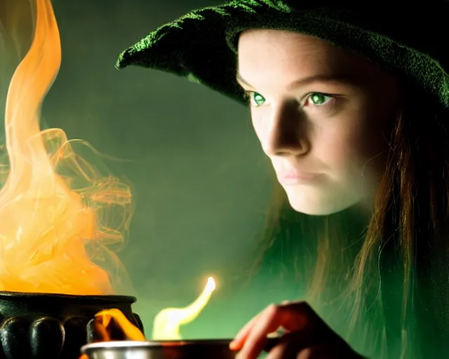 Image similar to close up portrait, dramatic lighting, calm confident teen witch and her cat mixing a spell in a cauldron, a little smoke fills the air, a witch hat, cinematic, a little green smoke is coming out of the cauldron, ingredients on the table, apothecary shelves in the background, still from nickelodeon show