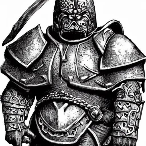 Image similar to ogre warrior wearing plated armor who is holding a battle axe in the style of warhammer fantasy : : head and torso drawing