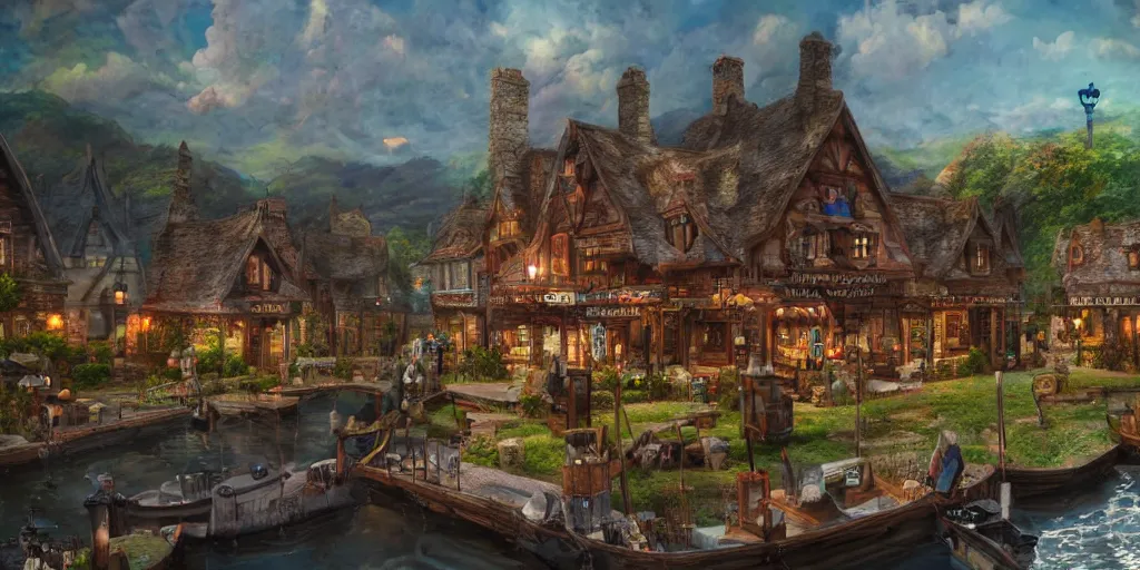 Prompt: howl\'s moving taverns, exterior lanscape shot, tilt-shifted, high quality art, 4k