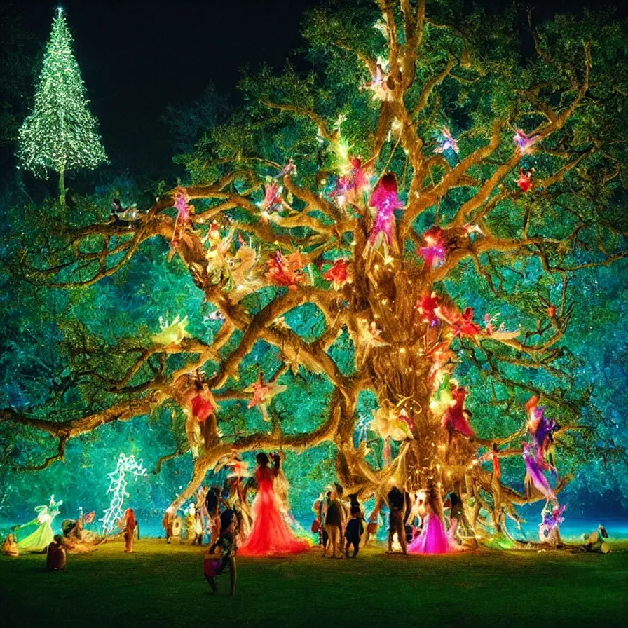 Image similar to a night carnival fairies around a magical tree next to a lake with iridiscent water, christmas lights, volumetric lightning, creatures and fantastic people disguised as fantastic creatures in a magical forest by summer night, masterpieceunderwater scene, masterpiece painted by slim aarons, scene by night