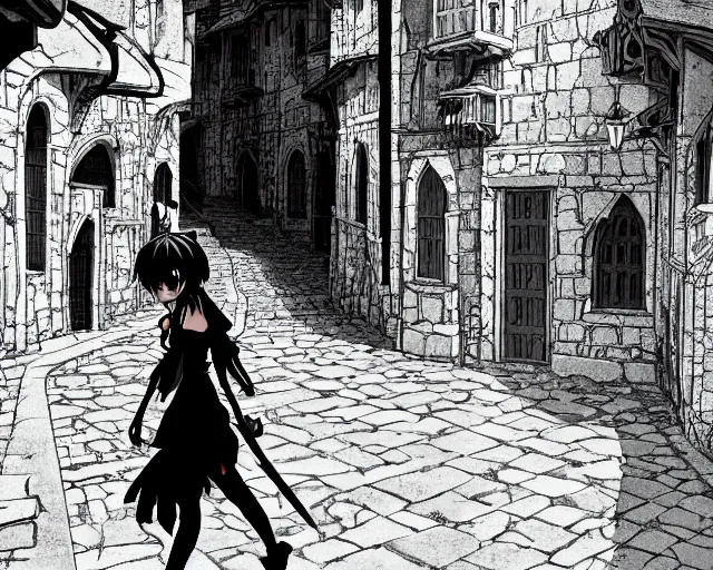 Image similar to anime still frame of a young female walking through a medieval village, dynamic pose, dynamic perspective, detailed silhouette, detailed, intricate, cel shaded, minimalist. simple, manga, ilya kuvshinov