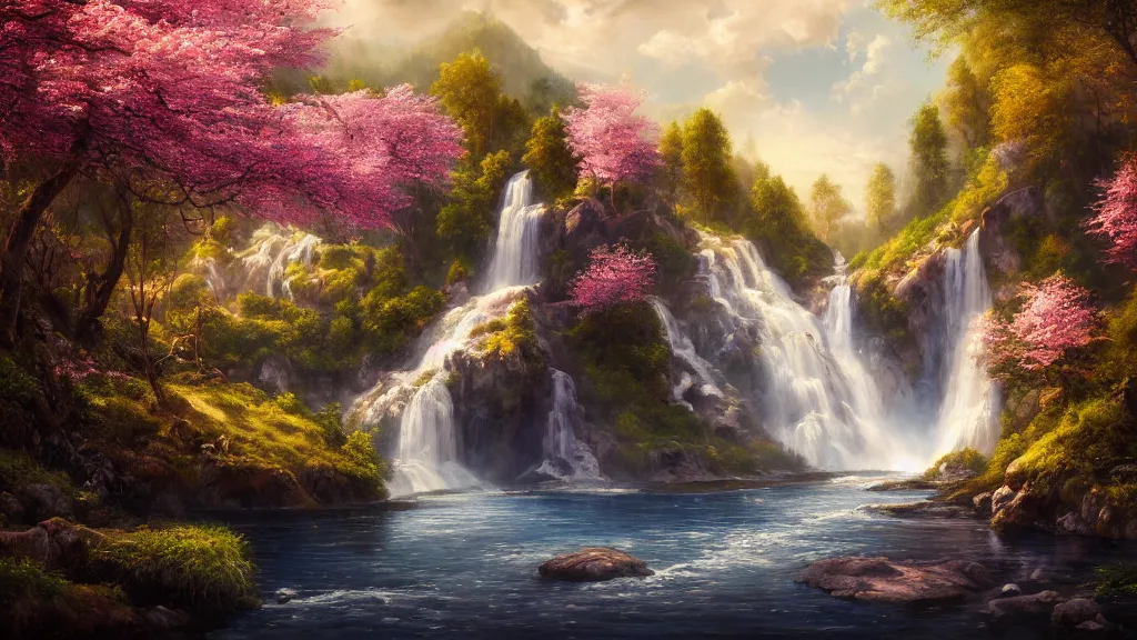 Image similar to the most beautiful panoramic landscape, oil painting, where a giant dreamy waterfall creates a river, the trees around are starting to bloom, cinematic lighting, highly detailed