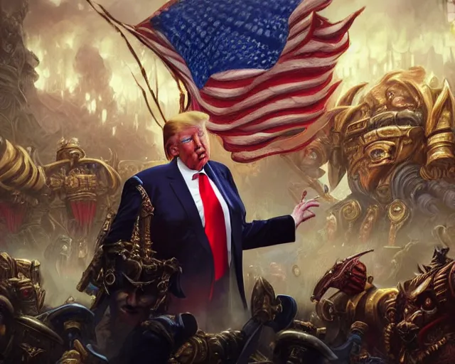 Image similar to photography of donald trump!!!, deep focus, warhammer 4 0 k, d & d, fantasy, intricate, elegant, highly detailed, digital painting, artstation, concept art, matte, sharp focus, illustration, hearthstone, art by artgerm and greg rutkowski and alphonse mucha