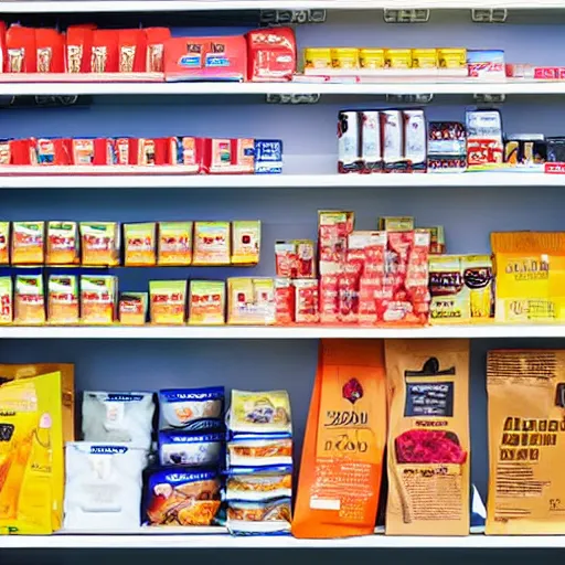 Image similar to shelf of a convenience store, retail store with products, color photo