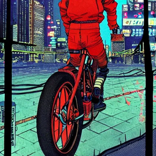 Image similar to kaneda on his bike in neo tokyo looking for akira, night, neon lights, speed, art by katsuhiro otomo