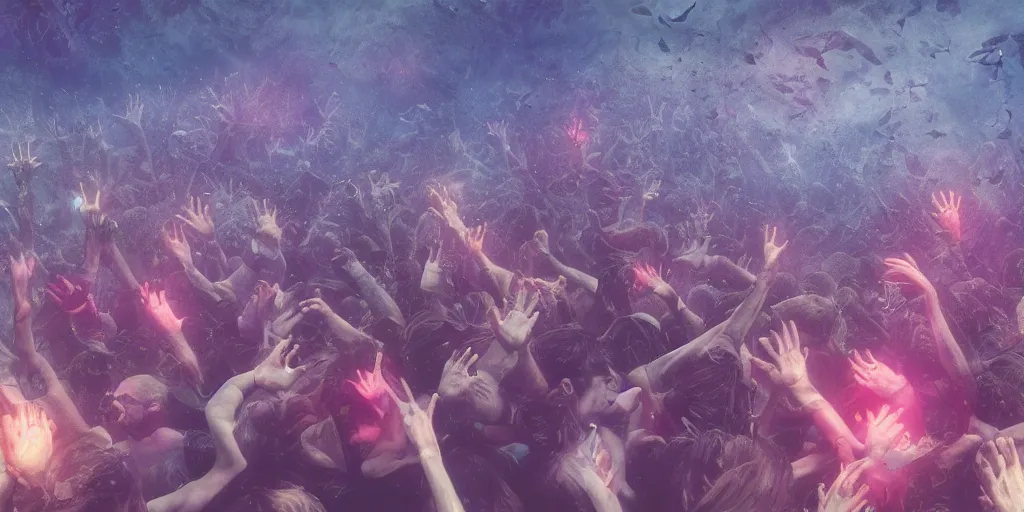 Image similar to rave party moshpit underwater, ethereal atmosphere, realistic digital art 4 k, high quality, greg rutkowski, zabrocki, karlkka, jayison devadas, phuoc quan, trending on artstation, 8 k, ultra wide angle, zenith view, pincushion lens effect