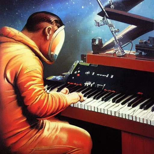 Image similar to astronaut playing keyboard by frank frazetta, digital painting, digital art