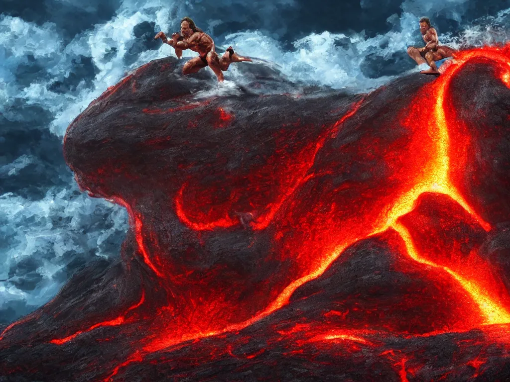 Image similar to arnold schwarzenegger surfing, lava, erupting volcano, muscular, stunning scene, 8 k, extremely detailed digital painting, depth, bright colors, trending on artstation