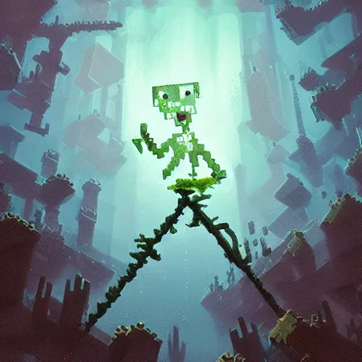 Image similar to painting by greg rutkowski of a minecraft drowned zombie with glowing cyan eyes, wearing ragged clothing and and algae growing on it, holding a trident, underwater