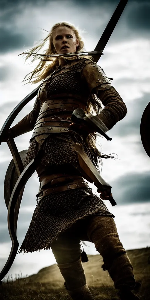 Image similar to a photograph of viking shield maiden in the battlefield, action movie, movie still, cinematic, filmic, dramatic, volumetric light