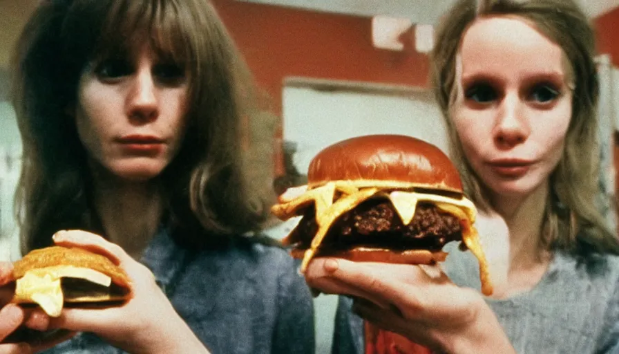 Image similar to 7 0 s film still from a horror movie starring a person with anorexia holding a burger, kodachrome, cinecolor, cinestill, photorealism, cinematic, film grain, film texture, vhs recording